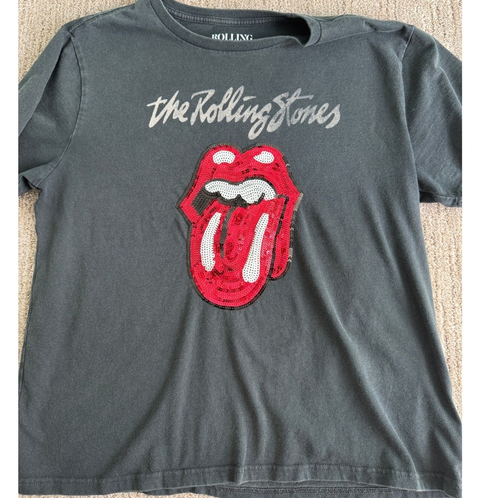 Lucky Brand Rolling Stones Sequin Tongue Graphic T-Shirt Gray L